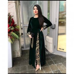 Pakistani Suit Style Green Color Slit Velvet Kurta With Brocade Pant